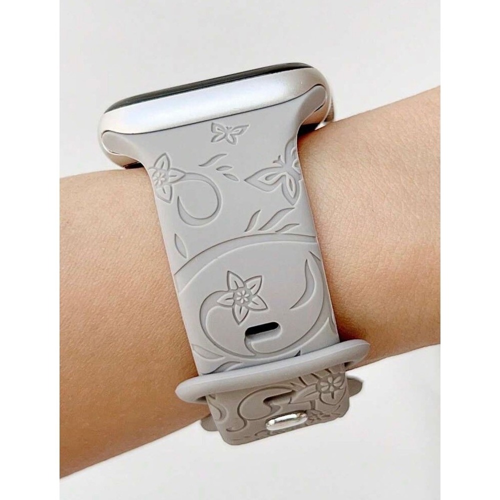 For Apple iWatch Compatible Gray Etched Floral Silicone Watch Band 42/44/45mm
